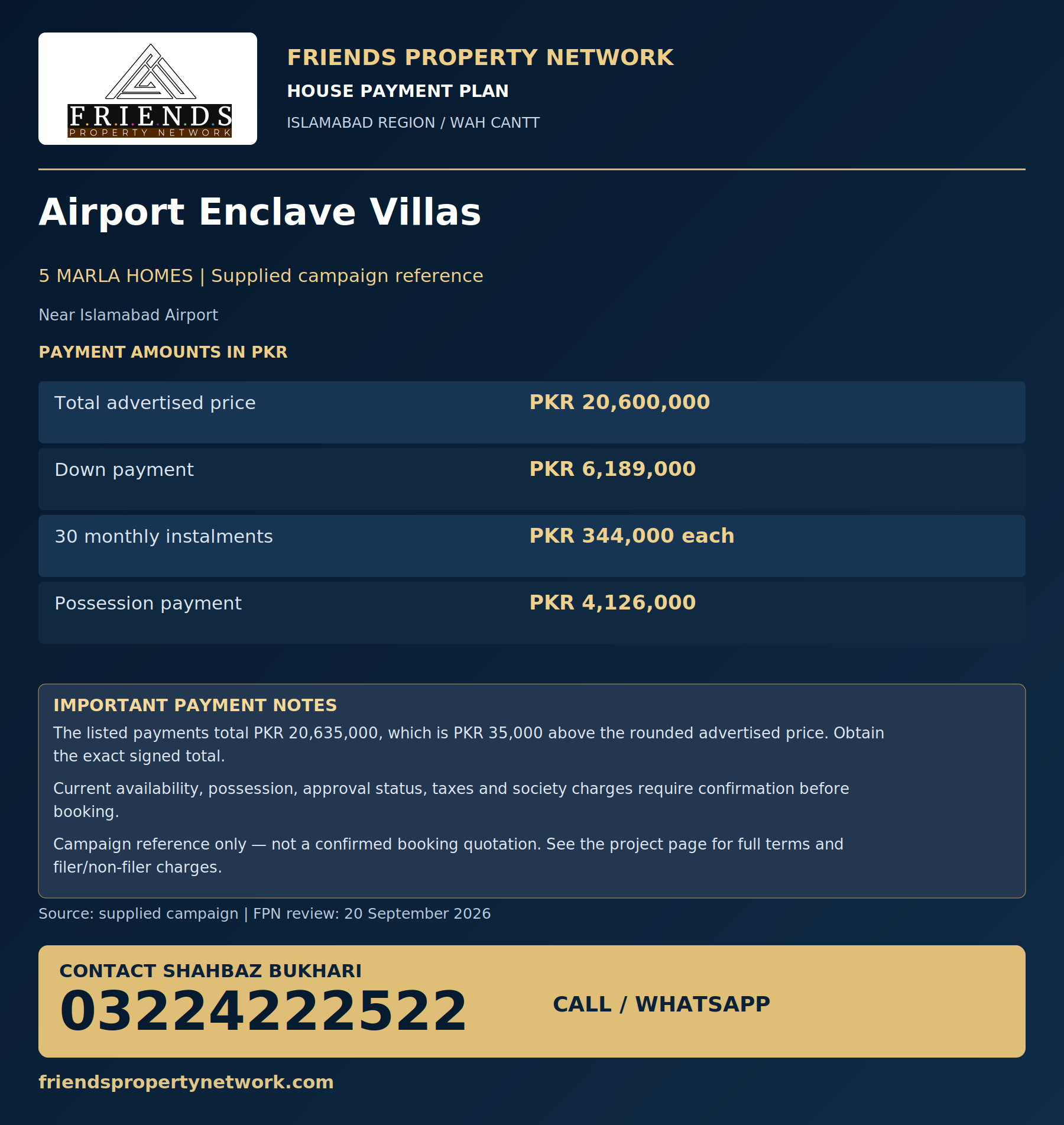 Airport Enclave Villas FPN payment-plan poster, contact 03224222522