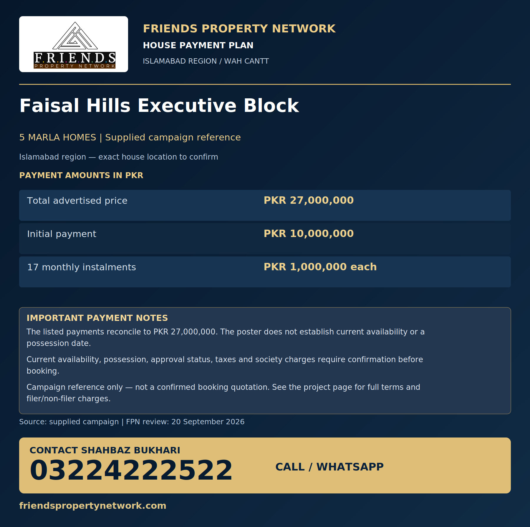Faisal Hills Executive Block payment plan with Friends Property Network logo and contact 03224222522