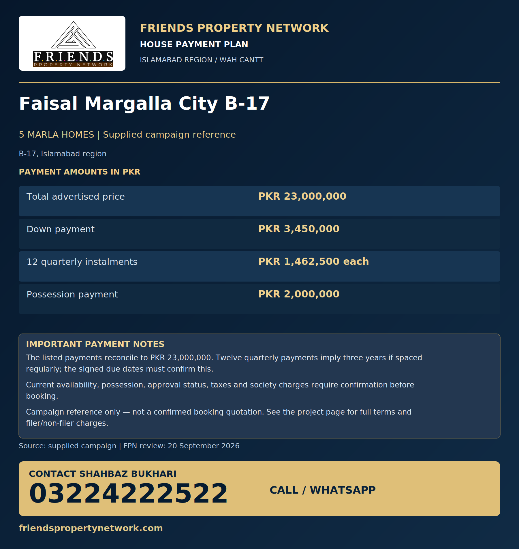 Faisal Margalla City B-17 FPN payment-plan poster, contact 03224222522