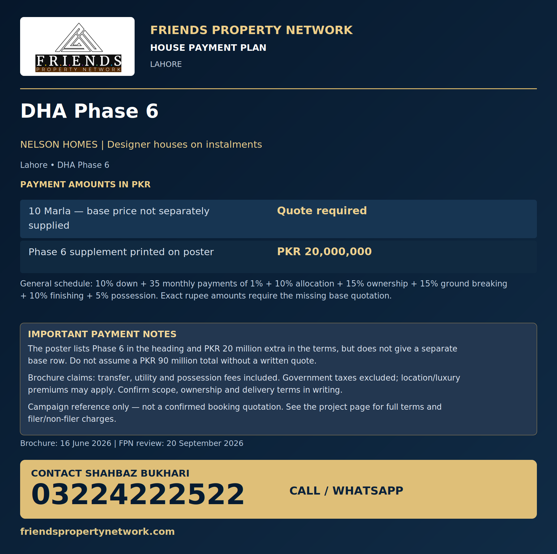 Nelson Homes — DHA Phase 6 payment plan with Friends Property Network logo and contact 03224222522