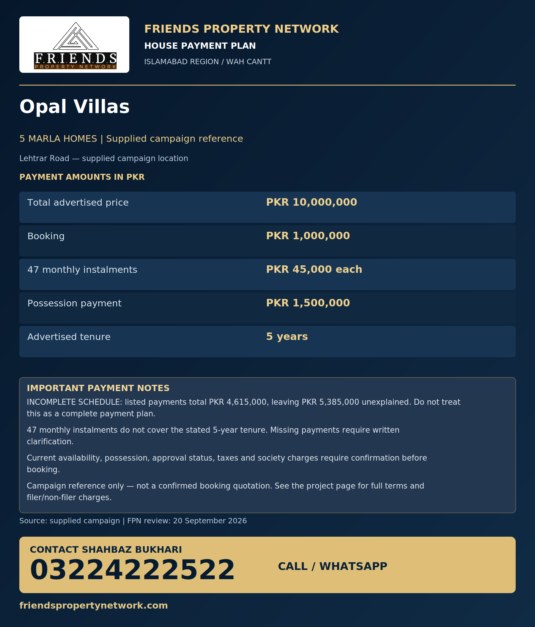 Opal Villas FPN payment-plan poster, contact 03224222522