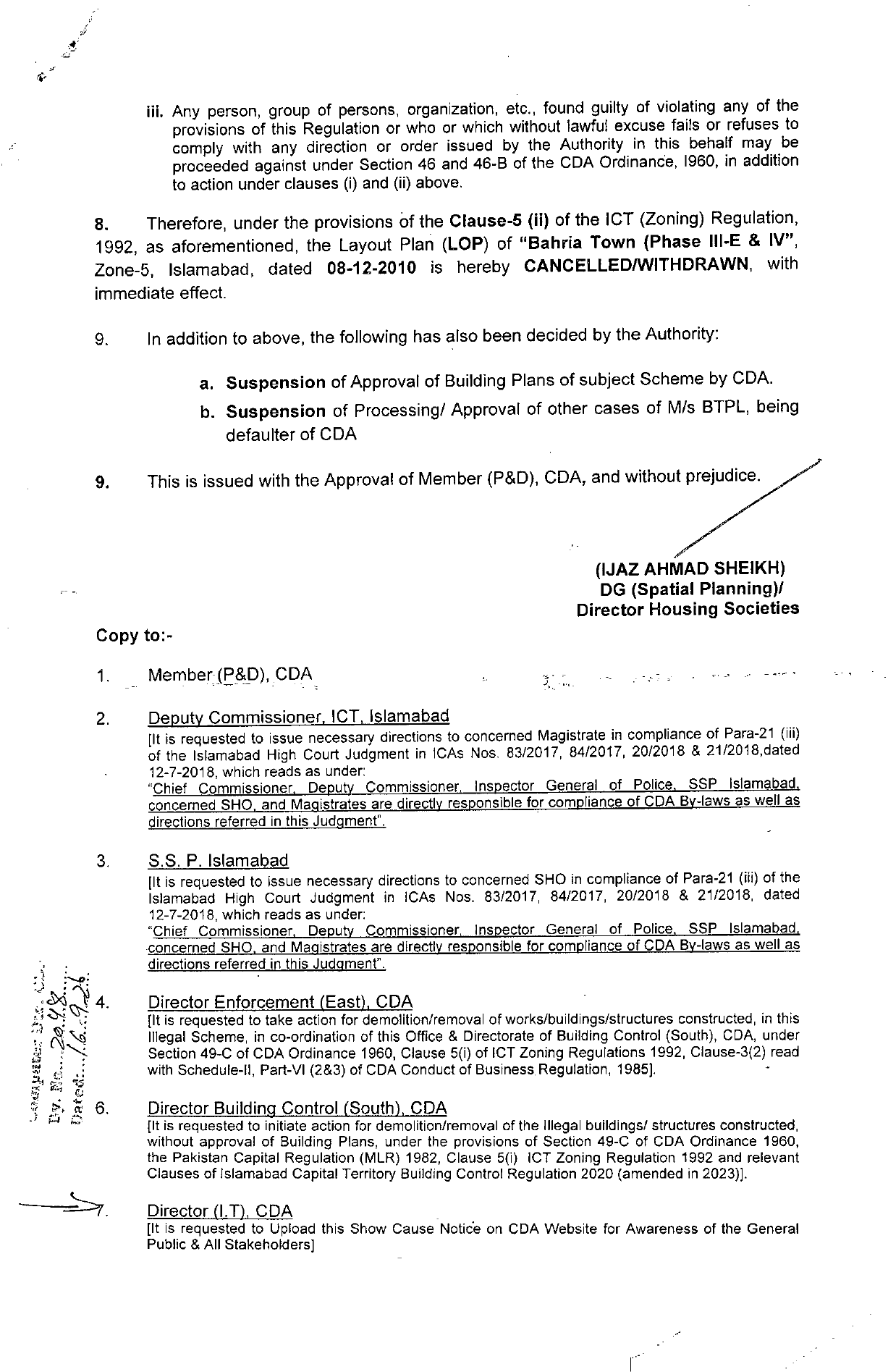 CDA decision page withdrawing Bahria Town Phase III-E and IV Islamabad layout plan with immediate effect