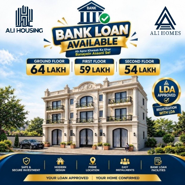 Ali Homes bank loan promotional poster showing 54, 59 and 64 lakh floor-unit offers