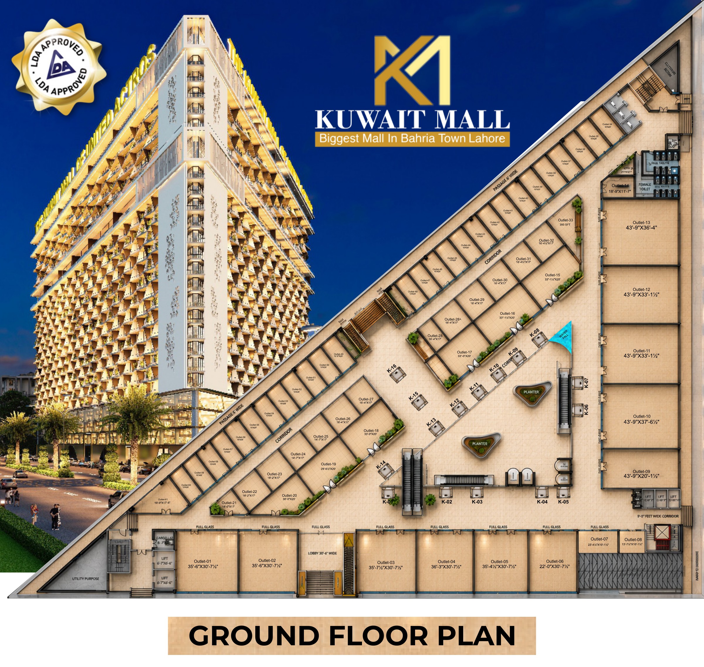 Kuwait Mall Bahria Town Lahore ground floor shops floor plan from supplied brochure