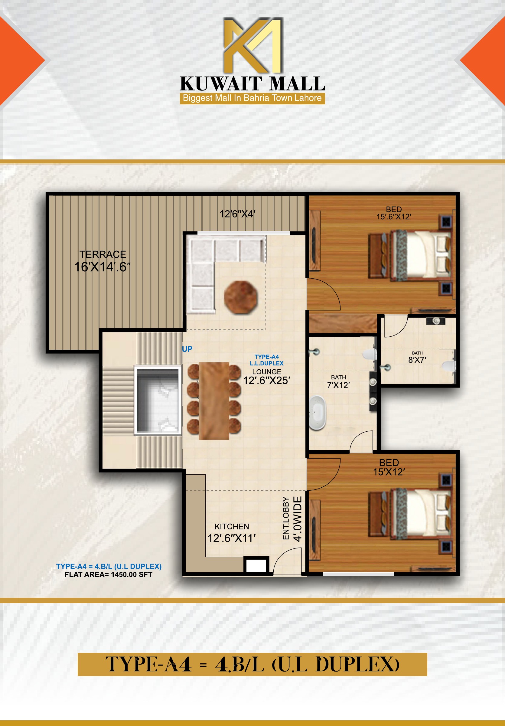 Kuwait Mall Bahria Town Lahore 4 bhk duplex penthouse lower layout from supplied brochure