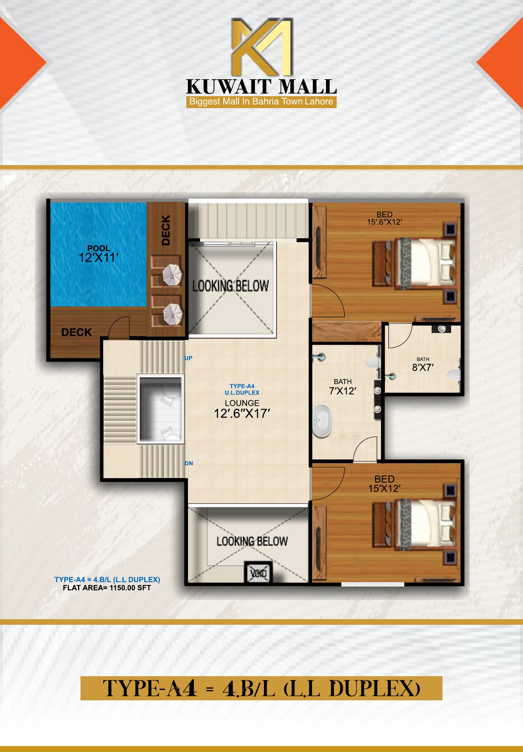 Kuwait Mall Bahria Town Lahore 4 bhk duplex penthouse upper pool layout from supplied brochure