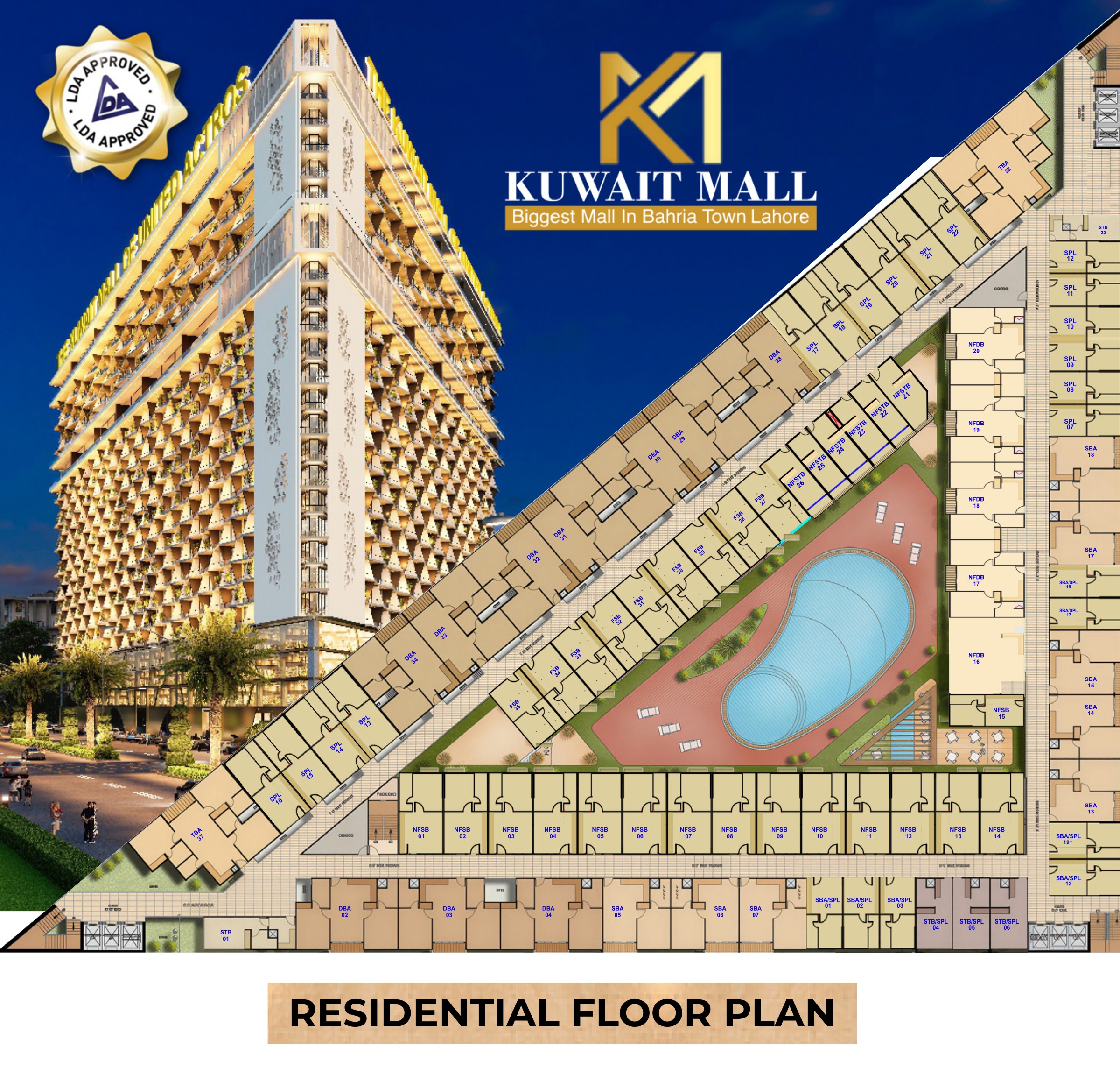 Kuwait Mall Bahria Town Lahore pool view apartments floor plan from supplied brochure