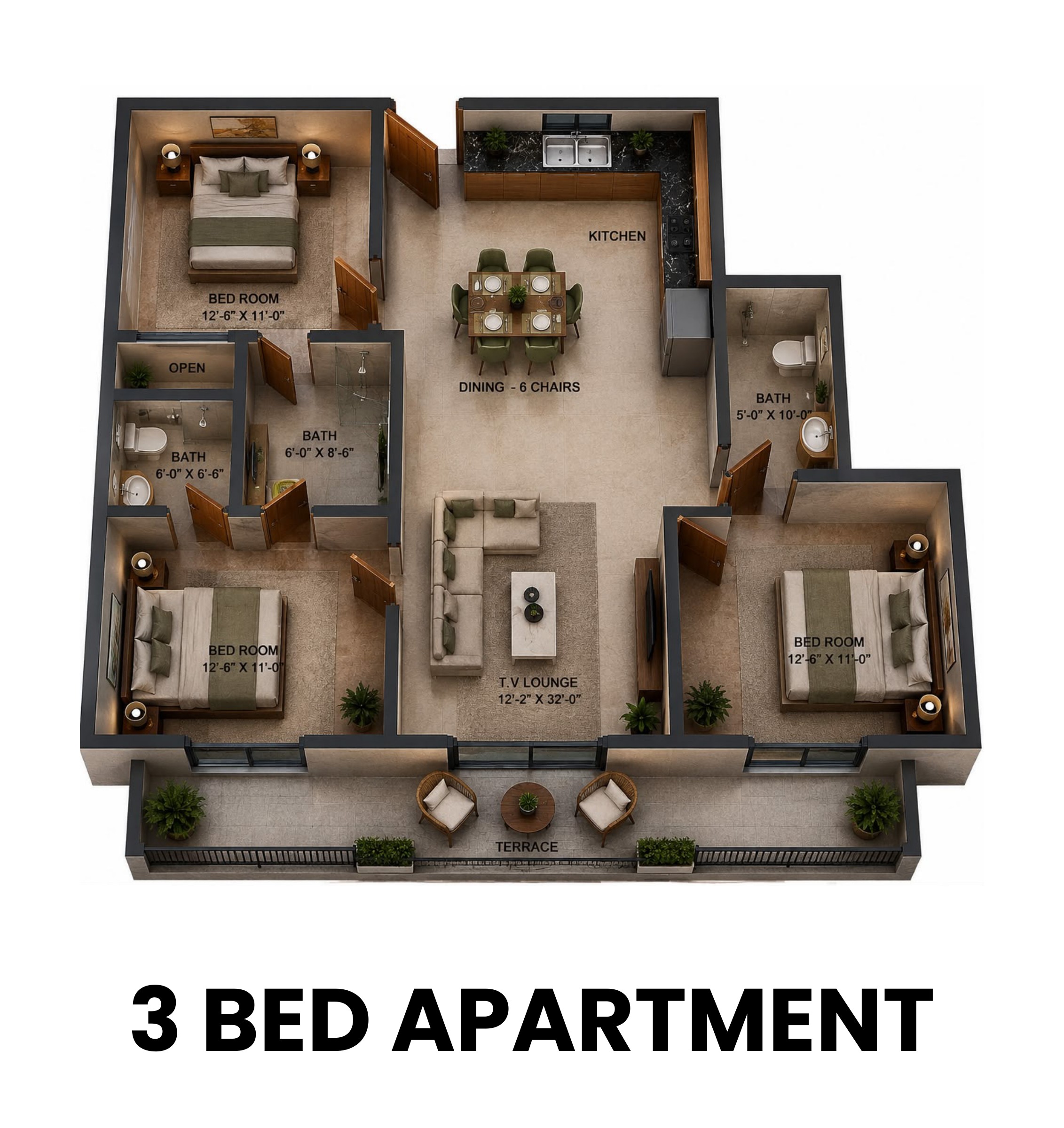 Kuwait Mall Bahria Town Lahore pool view apartments three bed layout from supplied brochure