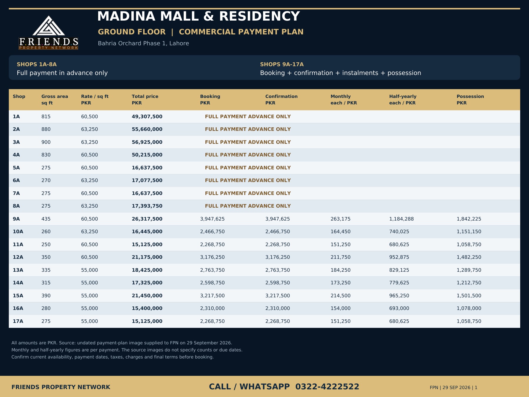 Madina Mall Ground Floor FPN payment plan with 0322-4222522