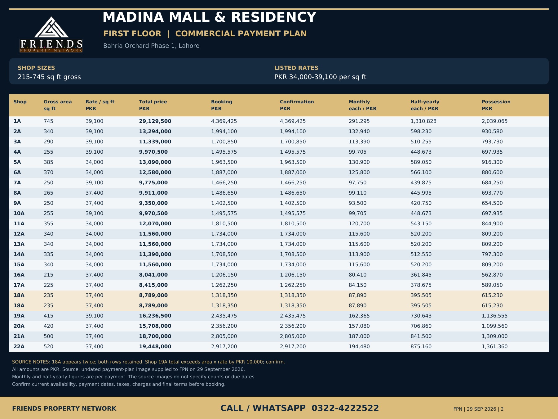 Madina Mall First Floor FPN payment plan with 0322-4222522
