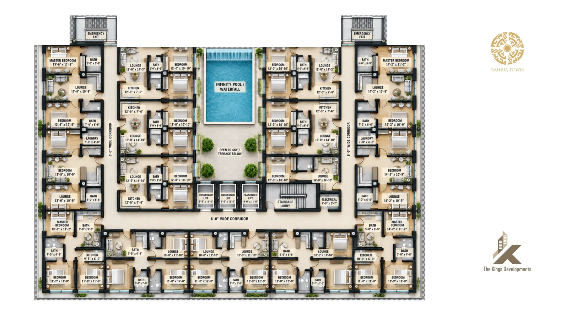 Furnished apartment floor layout B Meridian Living Bahria Town Lahore — Furnished apartment floor layout B from the supplied 15-page presentation
