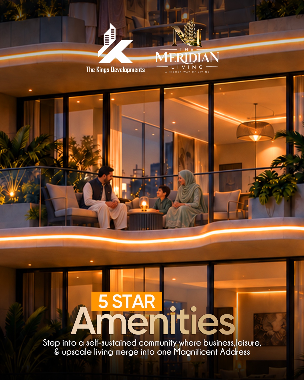 Meridian Living family balcony lifestyle concept supplied under The Kings Developments branding