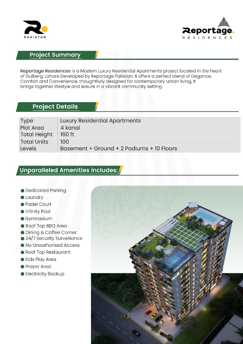 Reportage Residences brochure summary with project configuration and proposed amenities