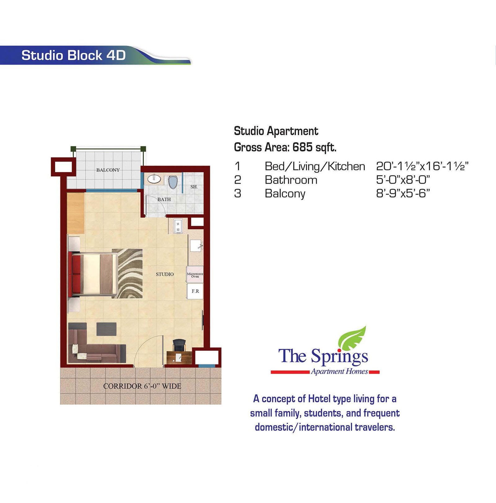 Official 2026 studio apartment floor plan from The Springs Canal Lahore brochure