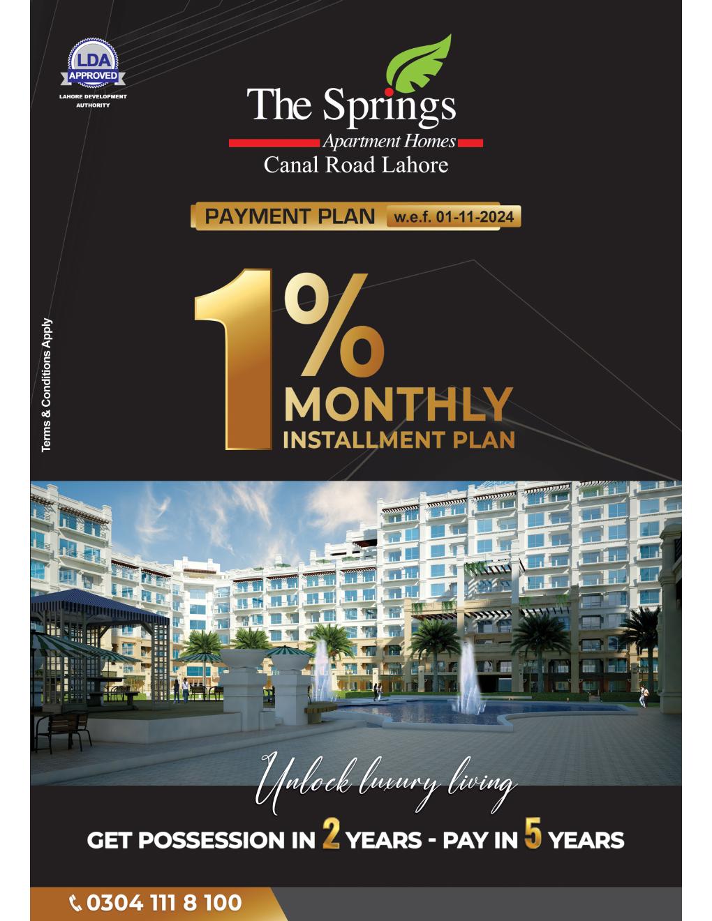 Official The Springs Canal Lahore 60-month post-possession payment plan effective 1 November 2024